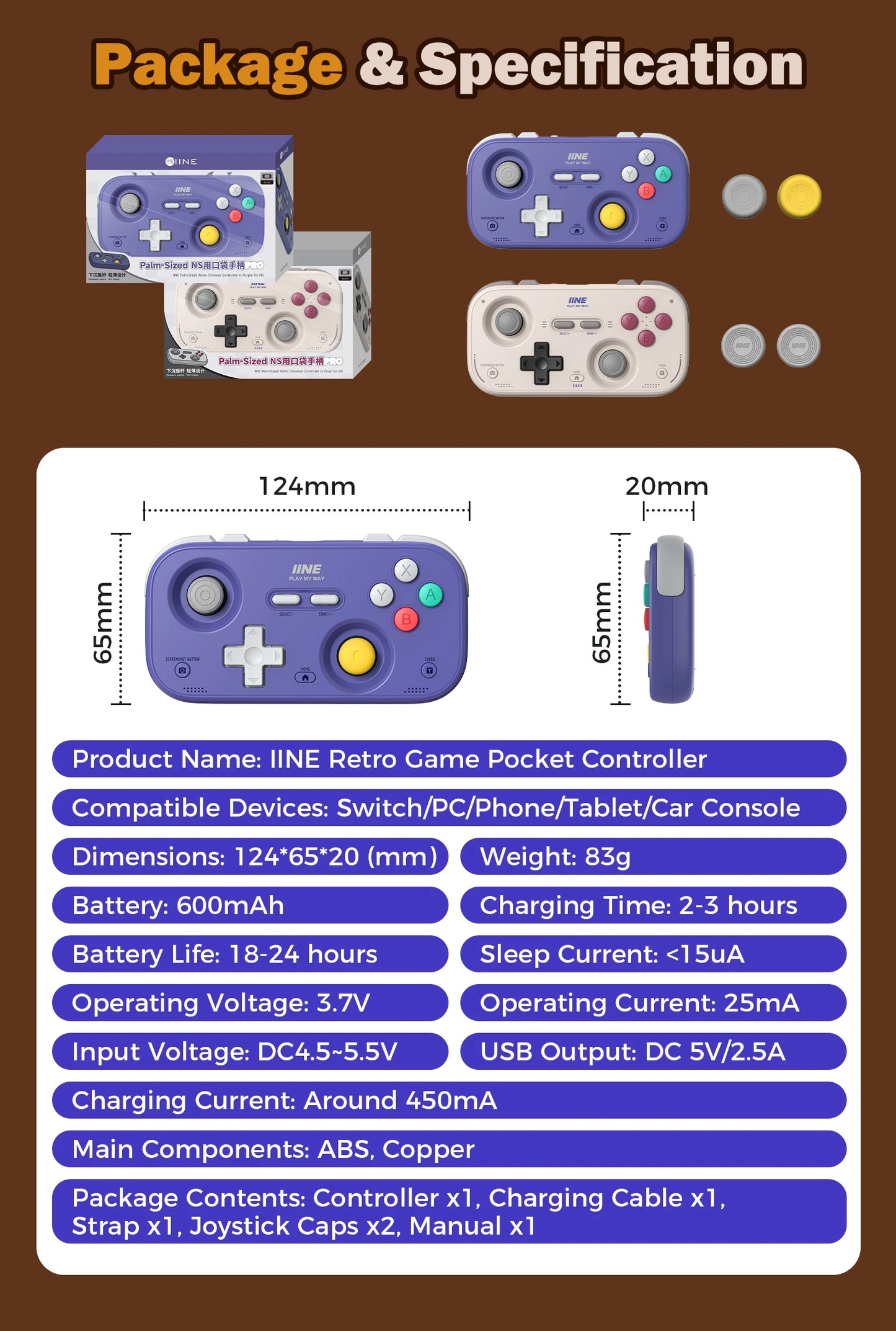 IINE Pocket Retro Game Controller – 1000Hz Hall Effect Joysticks & Customizable Controls for Nintendo Switch 2